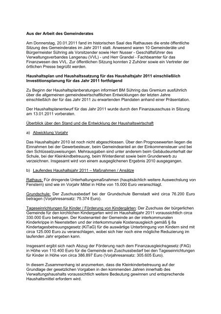 Bericht Gemeinderatsitzung vom 20.01.2011 - Bernstadt