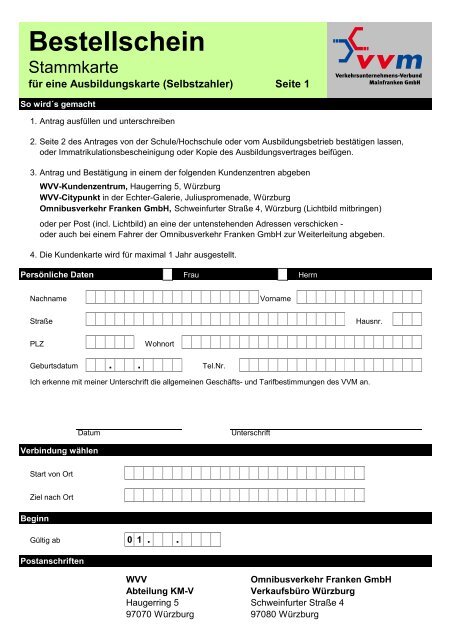 Bestellschein Stammkarte für eine Ausbildungskarte - VVM