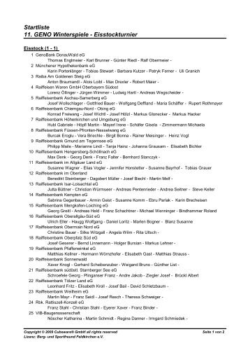 Startliste 11. GENO Winterspiele - Eisstockturnier