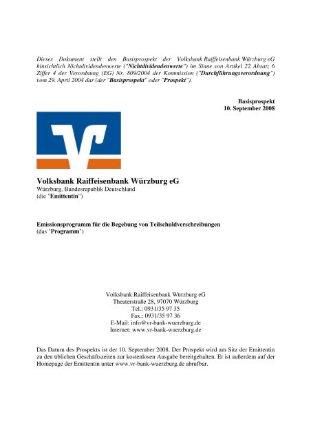 Basisprospekt nach WpPG - Volksbank Raiffeisenbank Würzburg eG