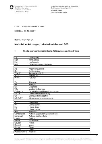 Merkblatt Abkürzungen, Lahmheitsstufen und BCS - Heer - admin.ch