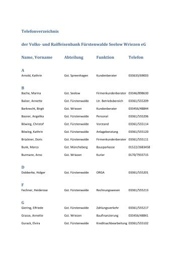 Telefonverzeichnis - Volks- und Raiffeisenbank Fürstenw. Seelow ...