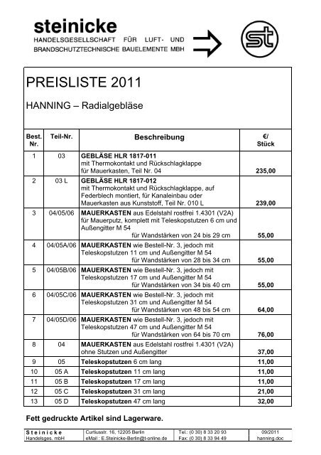 PREISLISTE 2011 - e.Steinicke Beratungs