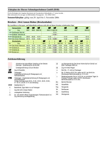 Fahrplan der Harzer Schmalspurbahnen GmbH (HSB) Brocken ...