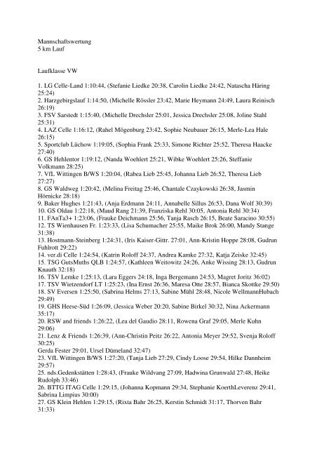 Mannschaftswertung 5 km Lauf Laufklasse VW 1. LG ... - CelleHeute