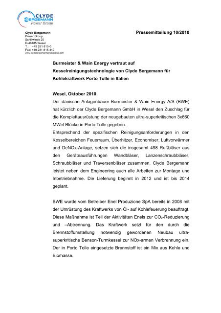 Pressemitteilung 10/2010 Burmeister & Wain Energy ... - FDBR