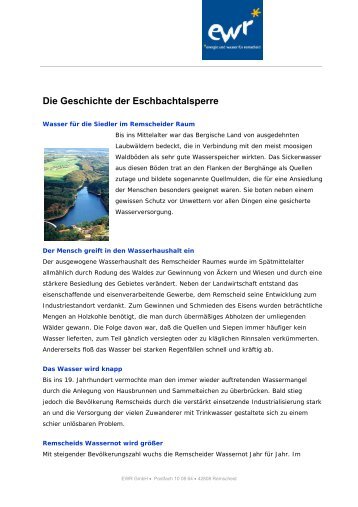 Die Geschichte der Eschbachtalsperre - EWR GmbH