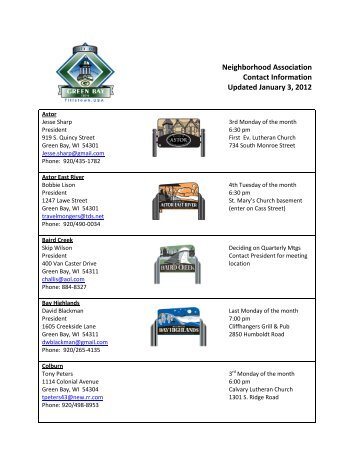Neighborhood Association Contact Information ... - City of Green Bay
