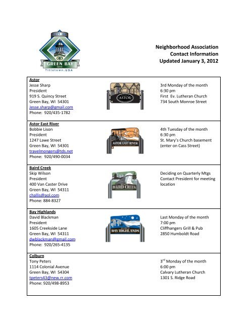 Neighborhood Association Contact Information ... - City of Green Bay