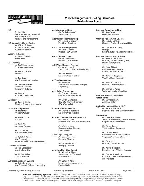 2007 Management Briefing Seminars Preliminary Roster