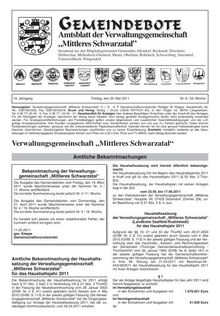 Amtsblatt der Verwaltungsgemeinschaft VG Mittleres Schwarzatal