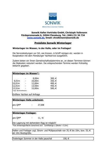 Angebot Winterlager Sonwik Hafen Vertriebs GmbH