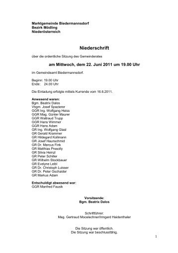 Protokoll der GR-Sitzung vom 22.06.2011 - Biedermannsdorf