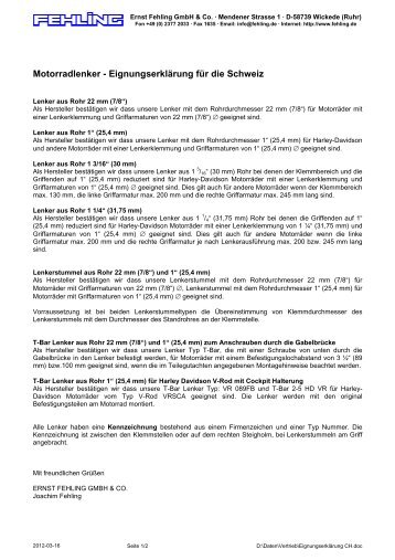Motorradlenker - Eignungserklärung für die Schweiz - Fehling