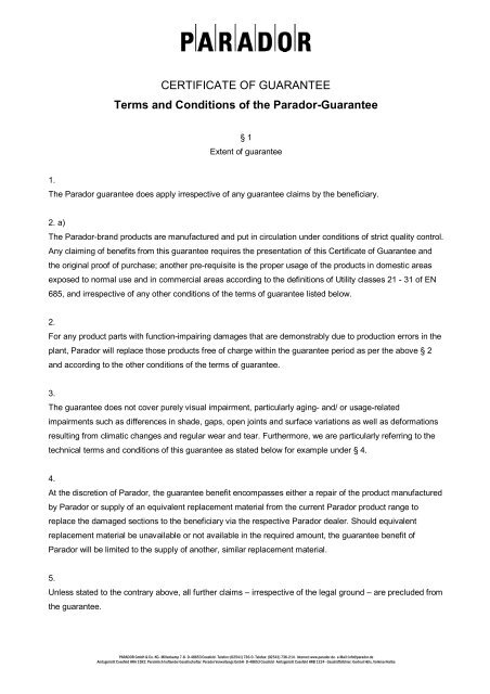 CERTIFICATE OF GUARANTEE Terms and Conditions of the ...