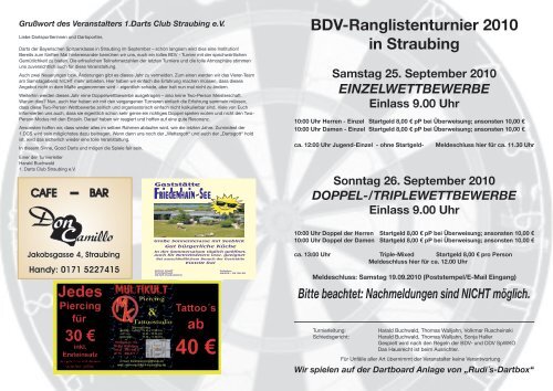 Ausschreibung BDV Turnier 2010 - 1. Darts Club Straubing eV