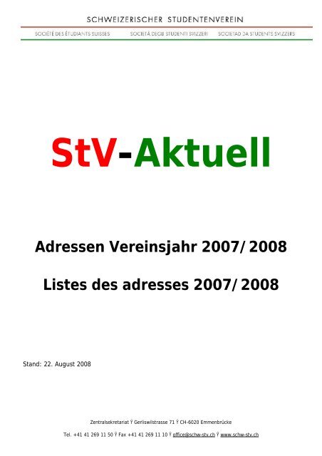 StV-Aktuell Adressen Vereinsjahr 2007/2008 Listes des adresses ...