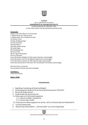 Protokoll der 15. Sitzung des Gemeinderats der MG - Reutte