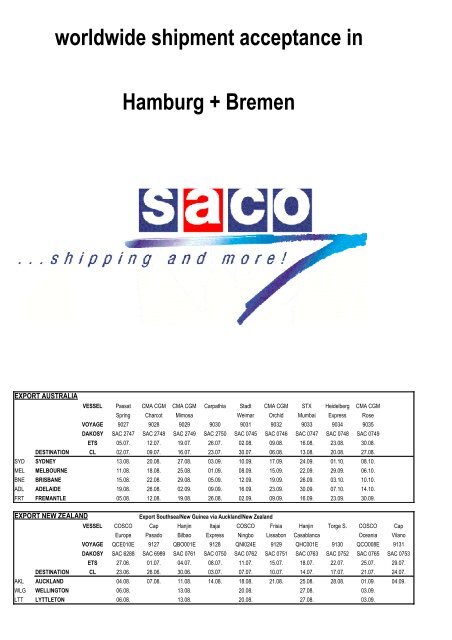 Export Sailing Schedule - SACO Shipping GmbH - Willkommen