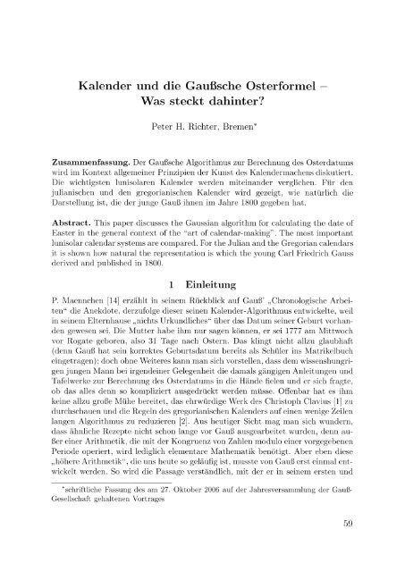 Kalender und die Gaußsche Osterformel — - Institut für Theoretische ...