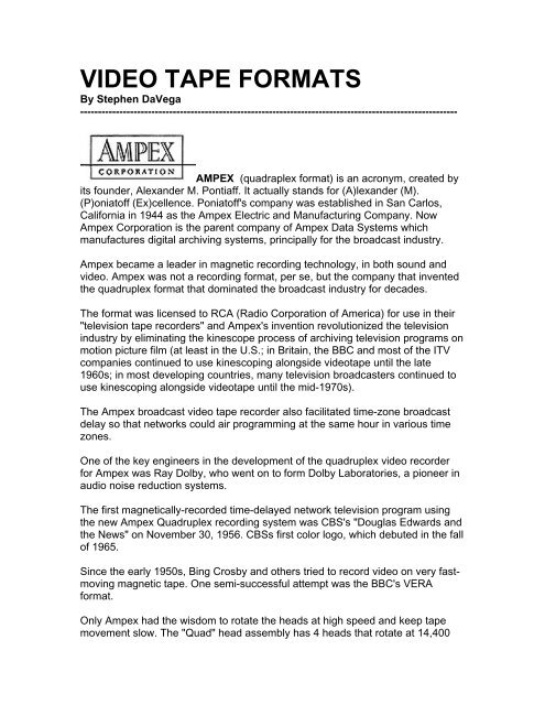 VIDEO TAPE FORMATS