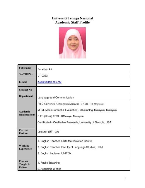Universiti Tenaga Nasional Academic Staff Profile Uniten