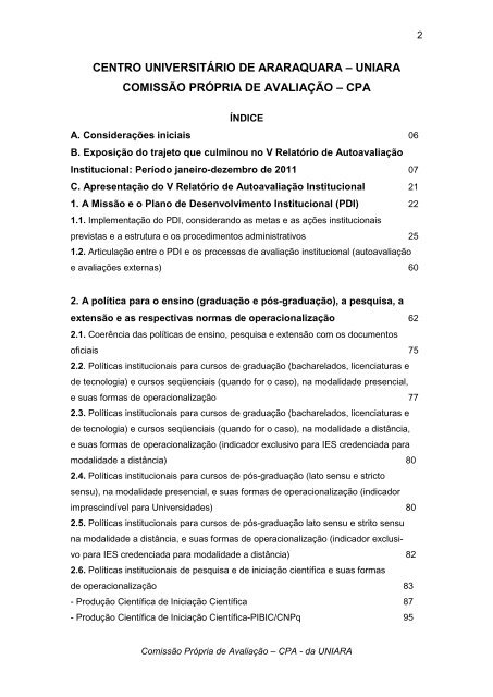 V Relatório de Autoavaliação Institucional da UNIARA Período ...