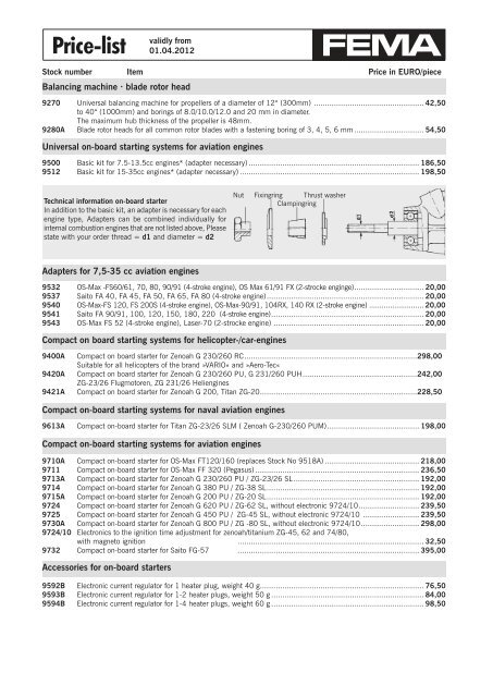 Price-list Price-list - FEMA Modelltechnik