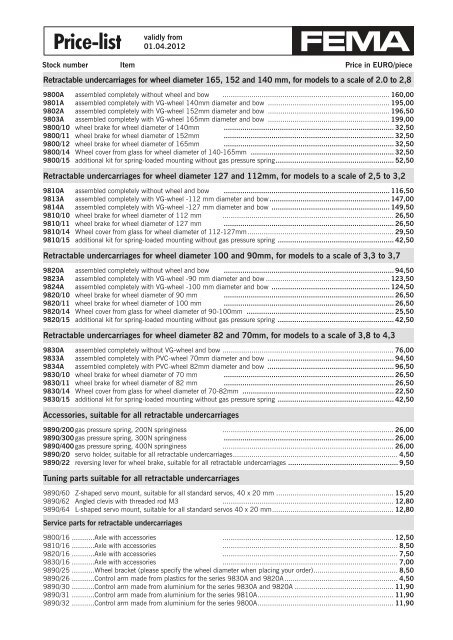 Price-list Price-list - FEMA Modelltechnik