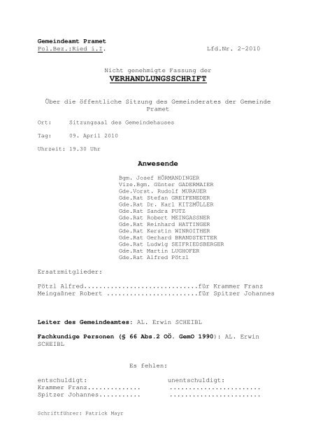 VERHANDLUNGSSCHRIFT - Gemeinde Pramet - Land ...