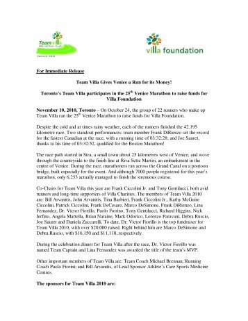 For Immediate Release Team Villa Gives Venice a ... - Villa Charities