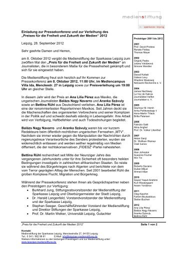 Einladung Pressekonferenz Preisverleihung Medienstiftung 8.10.2012