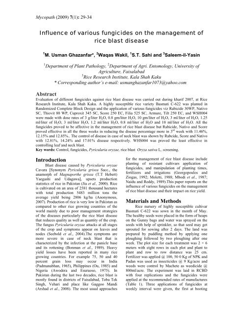 Influence of various fungicides on the management of rice blast ...