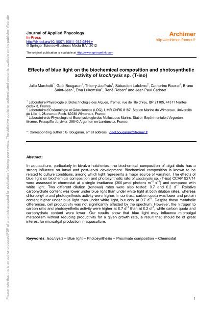 Effects of blue light on the biochemical composition and ... - Archimer