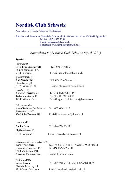 Adresslista för Nordisk Club Schweiz (april 2011)