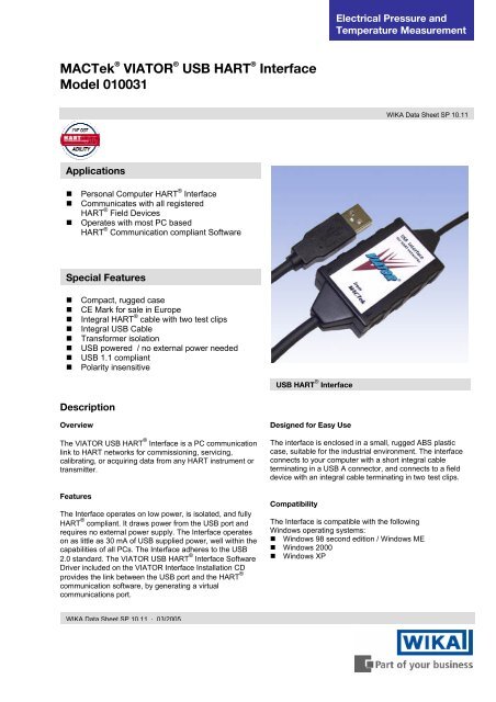 MACTek® VIATOR® USB HART® Interface Model 010031