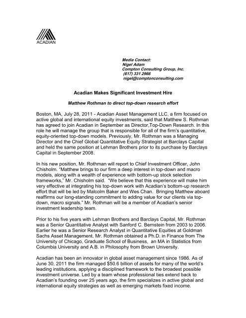 Matthew S. Rothman also joins Acadian as Director - Acadian Asset ...