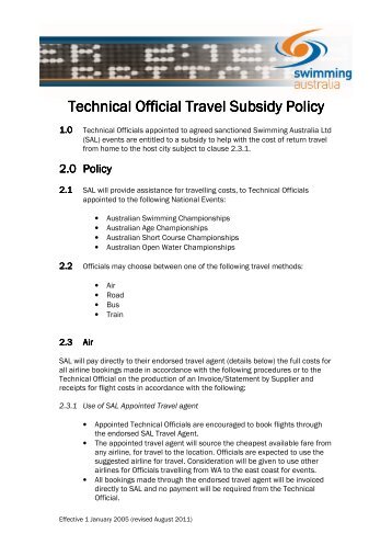 SAL Technical Official Travel Subsidy Policy - Swimming Australia