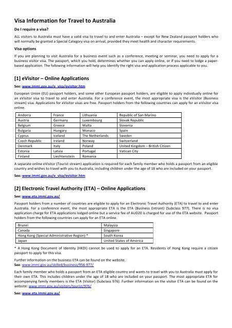 Visa Information for Travel to Australia - ICDE 2013