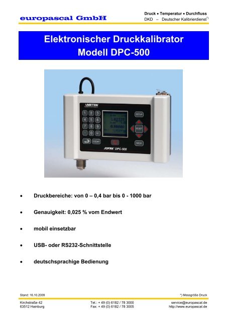 Elektronischer Druckkalibrator Modell DPC-500 - Europascal GmbH