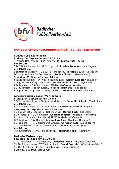 Schiedsrichteransetzungen am 28./29./30. September