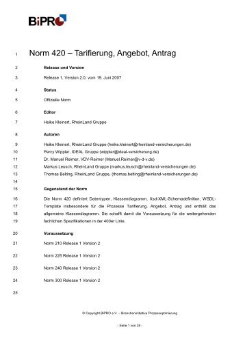 Norm 420 – Tarifierung, Angebot, Antrag - BiPRO