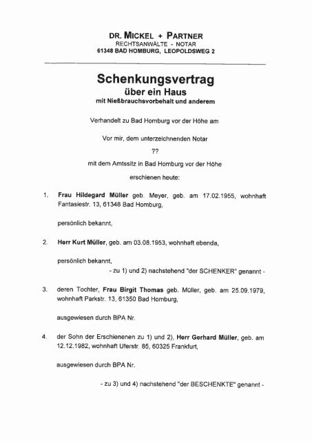 Schenkungsvertrag Uber Ein Haus Mit Niessbrauchsvorbehalt U A