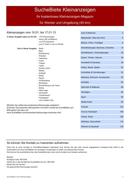 Suchebiete Kleinanzeigen Magazin Werder Kostenlose