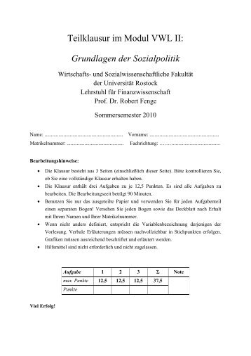 Teilklausur im Modul VWL II: Grundlagen der Sozialpolitik