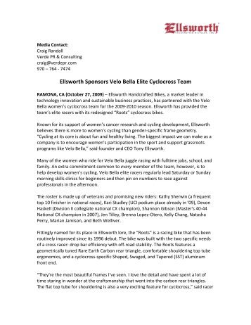 Ellsworth Sponsors Velo Bella Elite Cyclocross Team