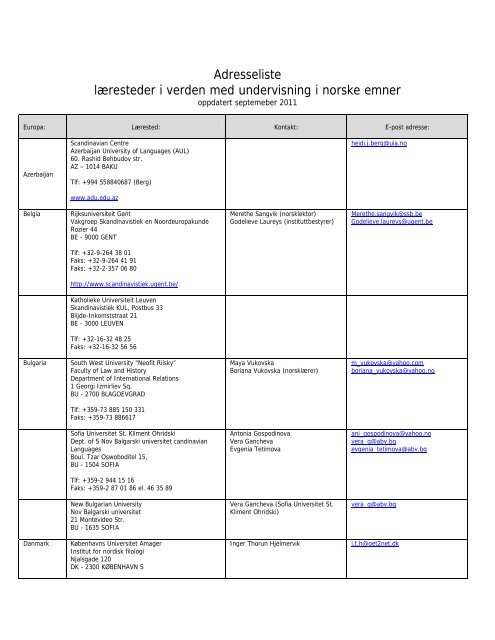 Adresseliste læresteder i verden med undervisning i norske ... - SiU