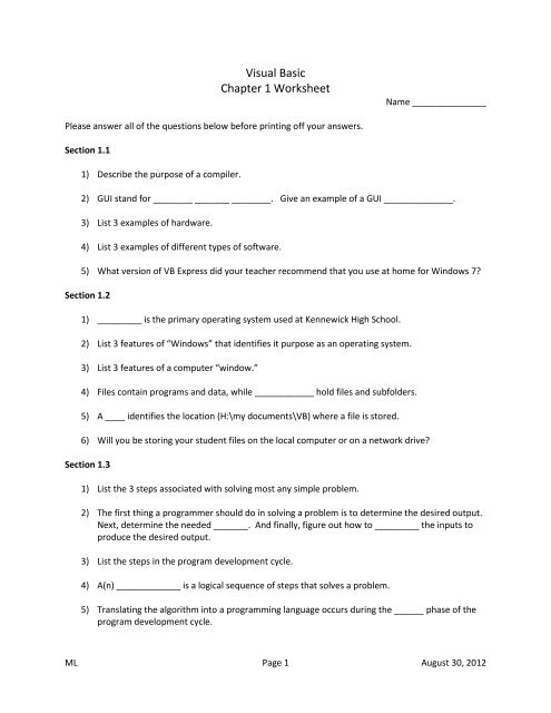 Visual Basic Chapter 1 Worksheet - Kennewick High School
