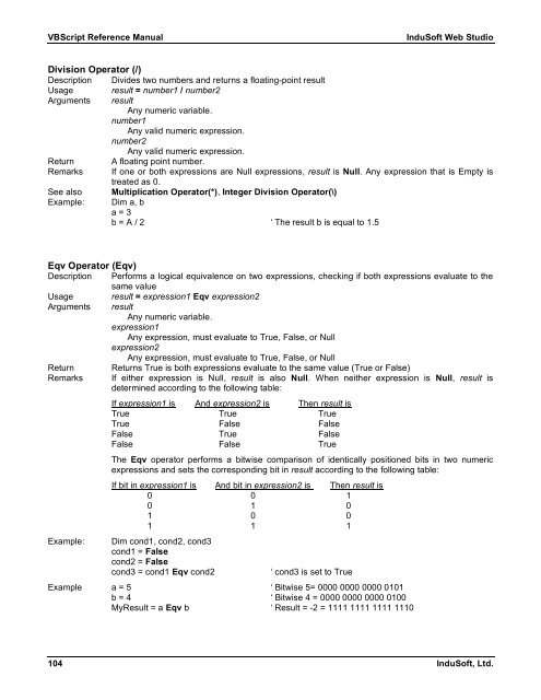 VBScript Reference Manual for InduSoft Web Studio