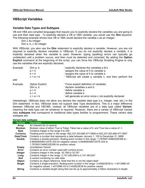 VBScript Reference Manual for InduSoft Web Studio